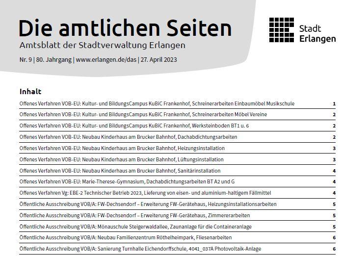 Deckblatt des Amtsblatt mit dem Schriftzug Die amtlichen Seiten und dem Logo der Stadt Erlangen